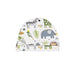 A white classic baby beanie with colourful illustrations of various animals from the African plains, including a zebra, elephant, giraffe, bird, and lion, along with leaves and flowers scattered throughout the design.