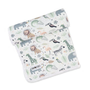 Rolled upBaby Blanket – African Plains with safari animals including lion, zebra, giraffe, elephant, and flamingo in soft neutral tones.
