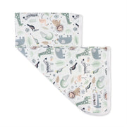 Baby Blanket – African Plains with safari animals including lion, zebra, giraffe, elephant, and flamingo in soft neutral tones.