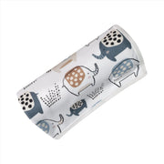 Baby Blanket - Edward the Ellie in white with quirky blue, beige and black elephant print rolled 