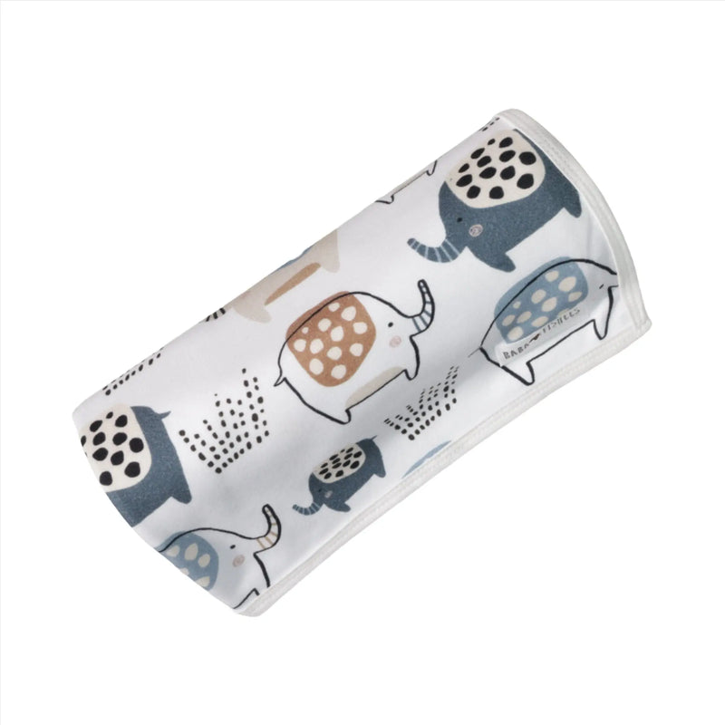 Baby Blanket - Edward the Ellie in white with quirky blue, beige and black elephant print rolled 