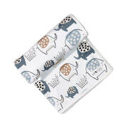 Baby Blanket - Edward the Ellie in white with quirky blue, beige and black elephant print rolled out