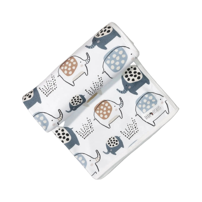 Baby Blanket - Edward the Ellie in white with quirky blue, beige and black elephant print rolled out