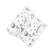 Rolled up Baby Blanket – Hi There White with soft safari animals including lions, sloths, zebras, and palm trees on white cotton.