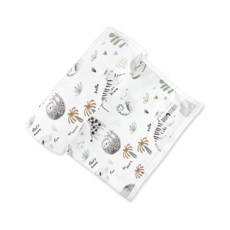 Rolled up Baby Blanket – Hi There White with soft safari animals including lions, sloths, zebras, and palm trees on white cotton.
