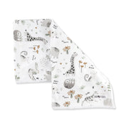 Baby Blanket – Hi There White with soft safari animals including lions, sloths, zebras, and palm trees on white cotton.