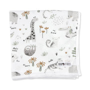 Baby Blanket – Hi There White with soft safari animals including lions, sloths, zebras, and palm trees on white cotton and showing Baba Fishees tag.