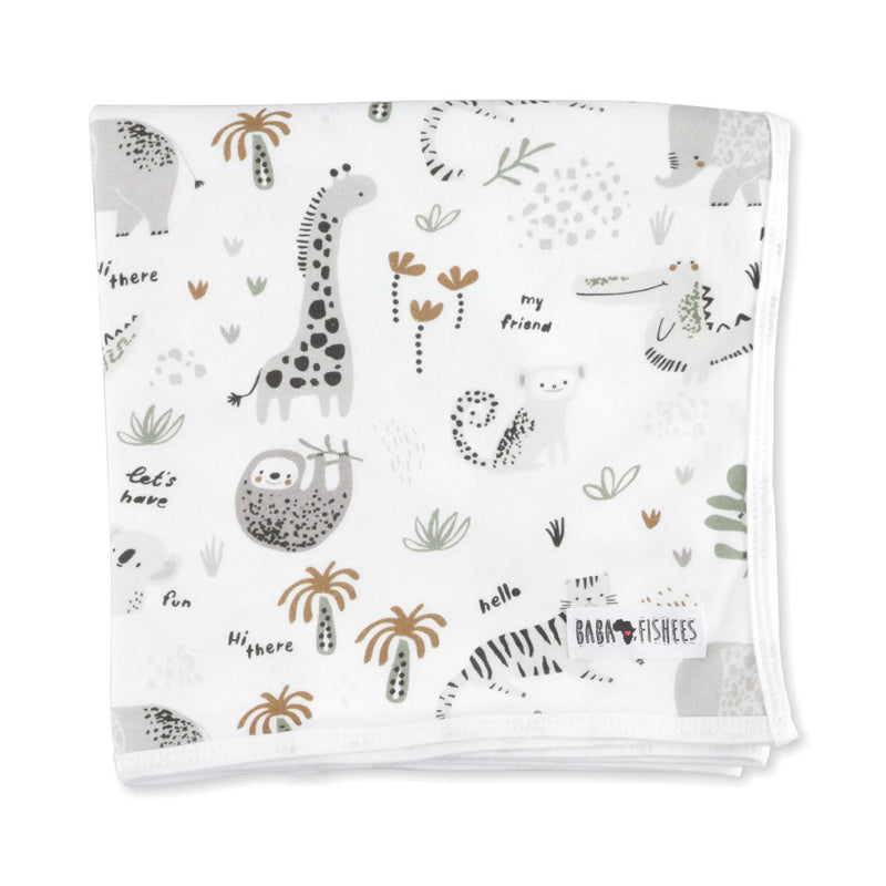 Baby Blanket – Hi There White with soft safari animals including lions, sloths, zebras, and palm trees on white cotton and showing Baba Fishees tag.