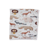 Cotton baby blanket - okapi with safari animals including lions, elephants, and okapi