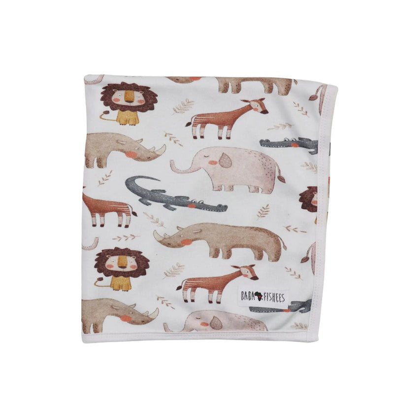 Cotton baby blanket - okapi with safari animals including lions, elephants, and okapi