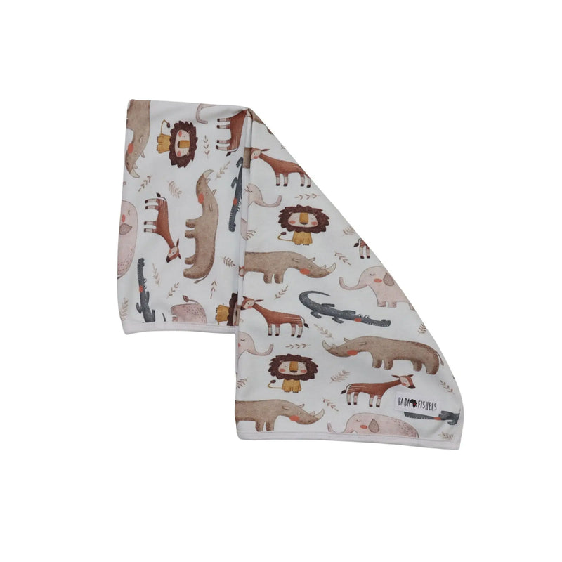 Cotton baby blanket - okapi with safari animals including lions, elephants, and okapi styled.