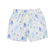 Children's shorts with blue octopus pattern on a white background
