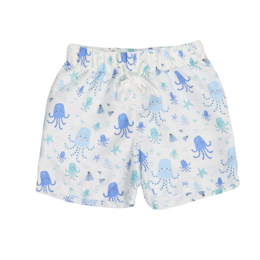Children's shorts with blue octopus pattern on a white background