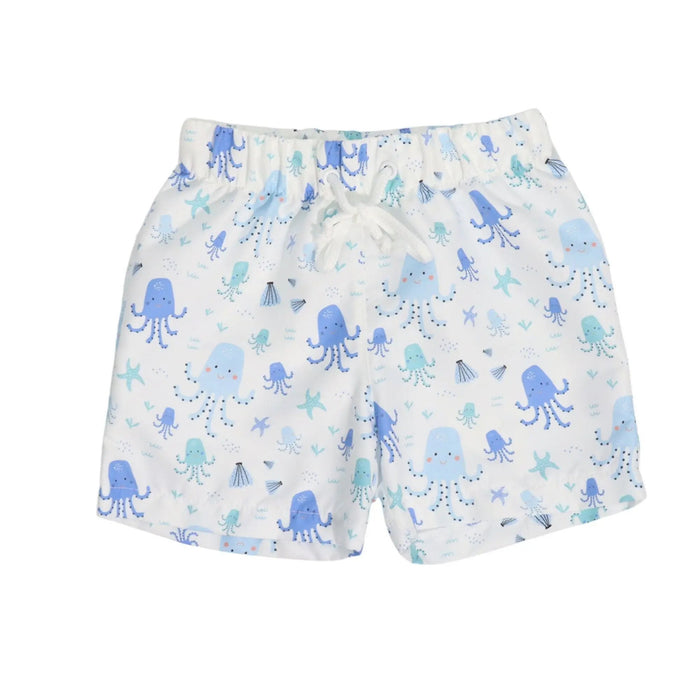 Children's shorts with blue octopus pattern on a white background