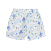 Back view of Children's shorts with blue octopus pattern on a white background 