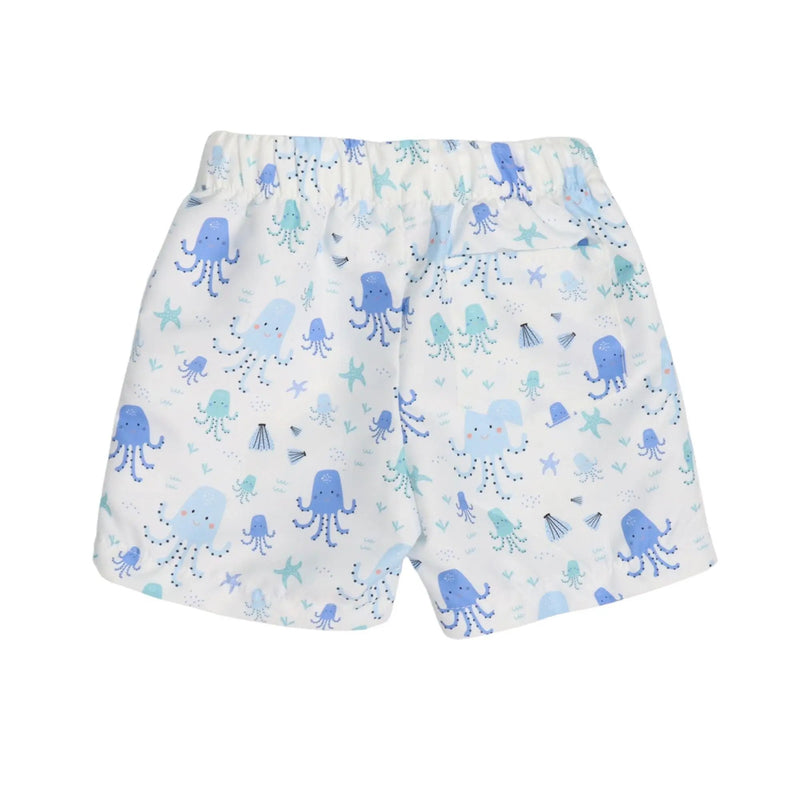 Back view of Children's shorts with blue octopus pattern on a white background 
