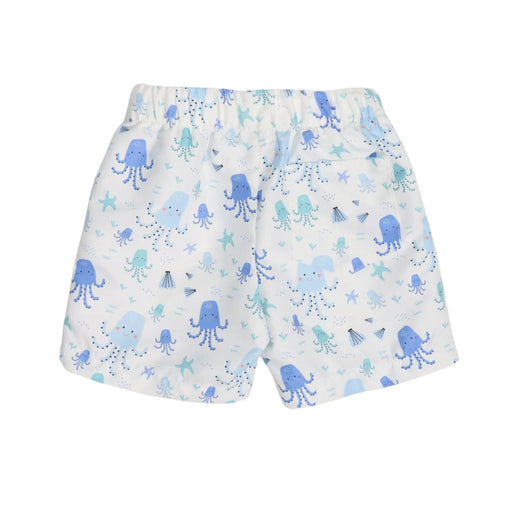 Back view of Children's shorts with blue octopus pattern on a white background 