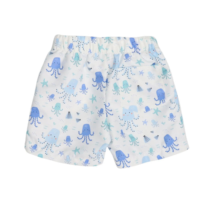 Back view of Children's shorts with blue octopus pattern on a white background 