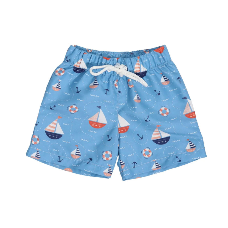 Baby board shorts in blue sailboat print