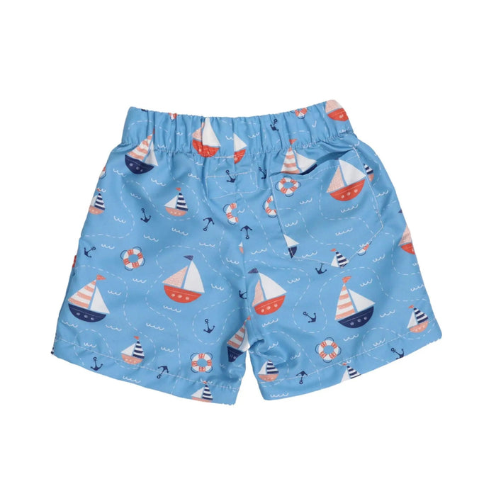 Back view of Baby board shorts in blue sailboat print