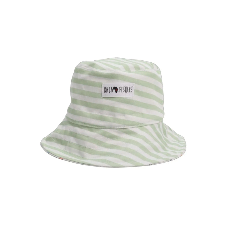 Reversible bucket hat showing green and white stripe design for babies and toddlers.