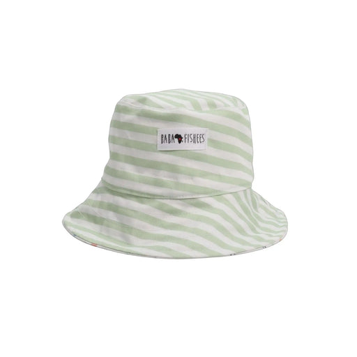 Reversible bucket hat showing green and white stripe design for babies and toddlers.