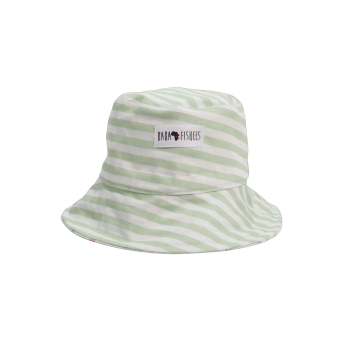 Reversible bucket hat showing green and white stripe design for babies and toddlers.