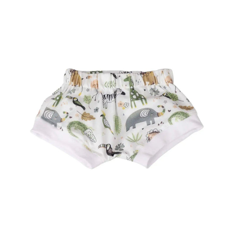 Bummies - African Plains white baby shorts with zebra, giraffe, rhino, crocodile, birds and green safari print.