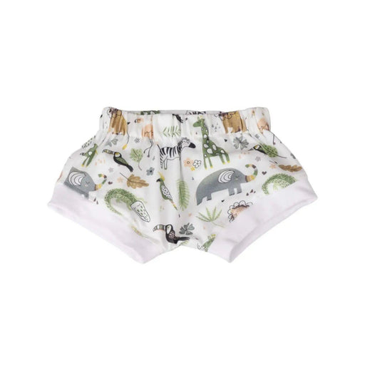 Bummies - African Plains white baby shorts with zebra, giraffe, rhino, crocodile, birds and green safari print.