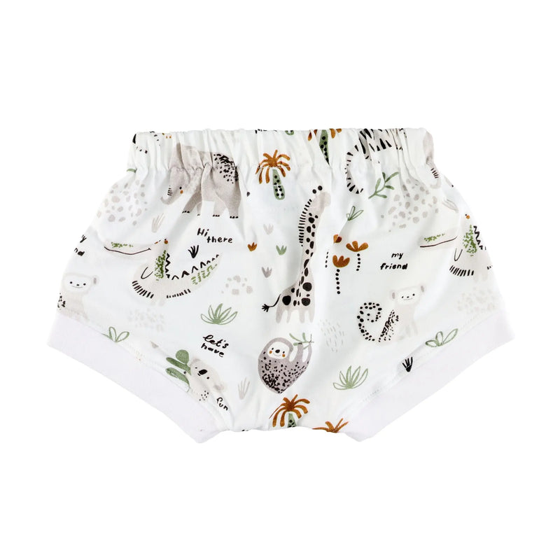 Shorts with a jungle animal pattern on a white background
