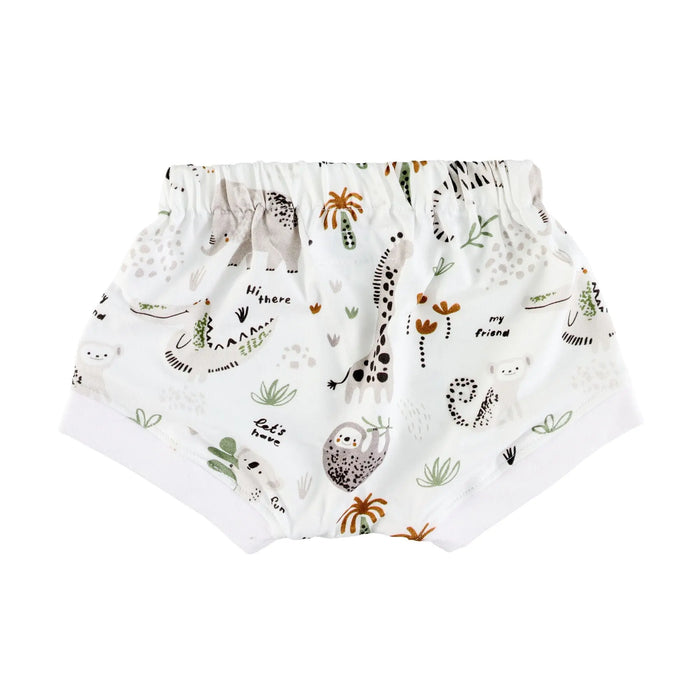 Shorts with a jungle animal pattern on a white background