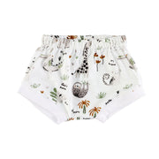 Baby bummies in white fabric with giraffe, elephant, sloth, and safari animal print