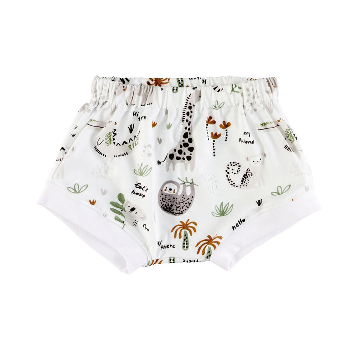 Baby bummies in white fabric with giraffe, elephant, sloth, and safari animal print