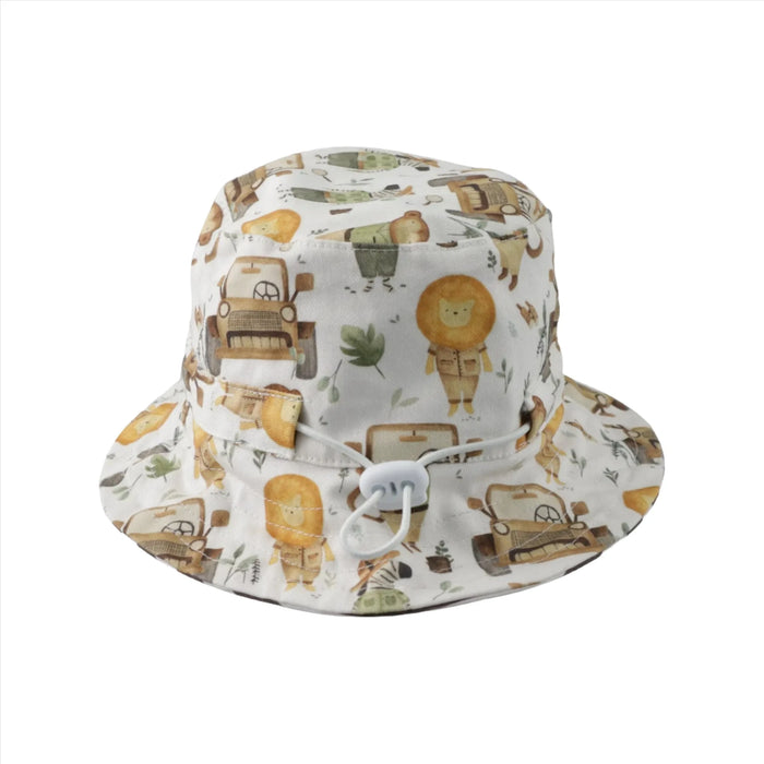Back view of a wide brimmed bucket hat with a white background and a print showing a jeep and animal characters.