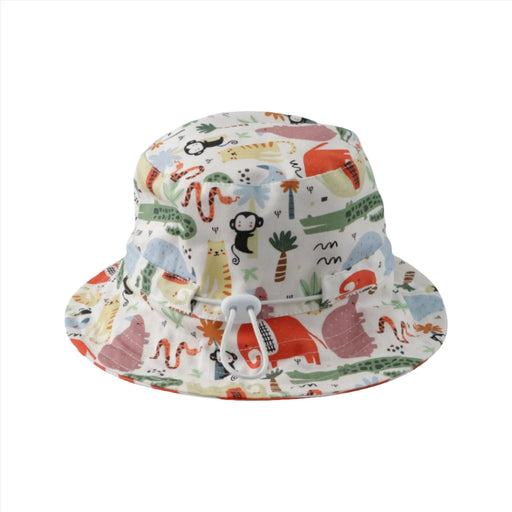 Back view of a bucket hat with a playful, colorful design featuring various animals and nature elements, including monkeys, elephants, and plants, set against a white background, showing the toggle. The brim is wide and provides good coverage, making it ideal for sunny days.
