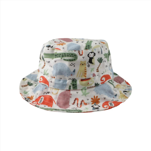A bucket hat with a playful, colorful design featuring various animals and nature elements, including monkeys, elephants, and plants, set against a white background, showing the toggle. The brim is wide and provides good coverage, making it ideal for sunny days.