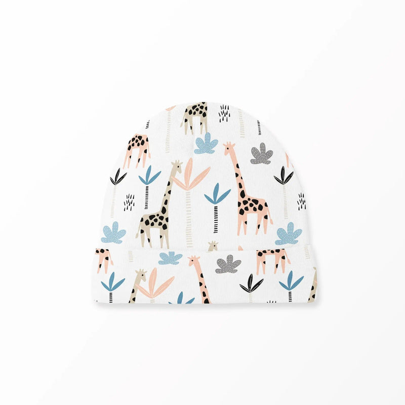 Classic Beanie - Giraffe featuring a safari-inspired giraffe print with a soft stretch cuff and breathable cotton fabric.