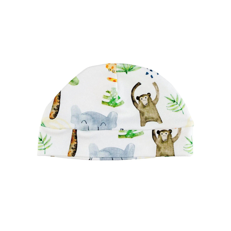 Classic baby beanie with a vibrant jungle-inspired print, including playful monkeys and tropical trees, on soft cotton fabric.