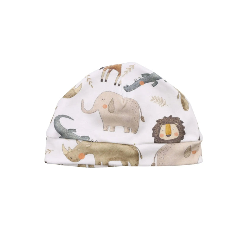 Classic Beanie - Okapi featuring a safari animal print with elephants, lions, crocodiles, and rhinos in earthy tones, made from soft cotton with a stretch cuff.