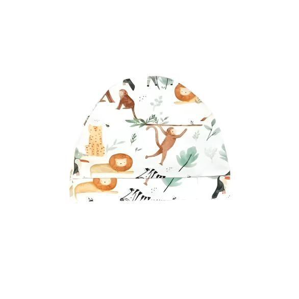 A baby beanie featuring a watercolour jungle design with lions, monkeys, zebras, and tropical greenery in soft, muted tones, available in 3 sizes from 0-12 months.