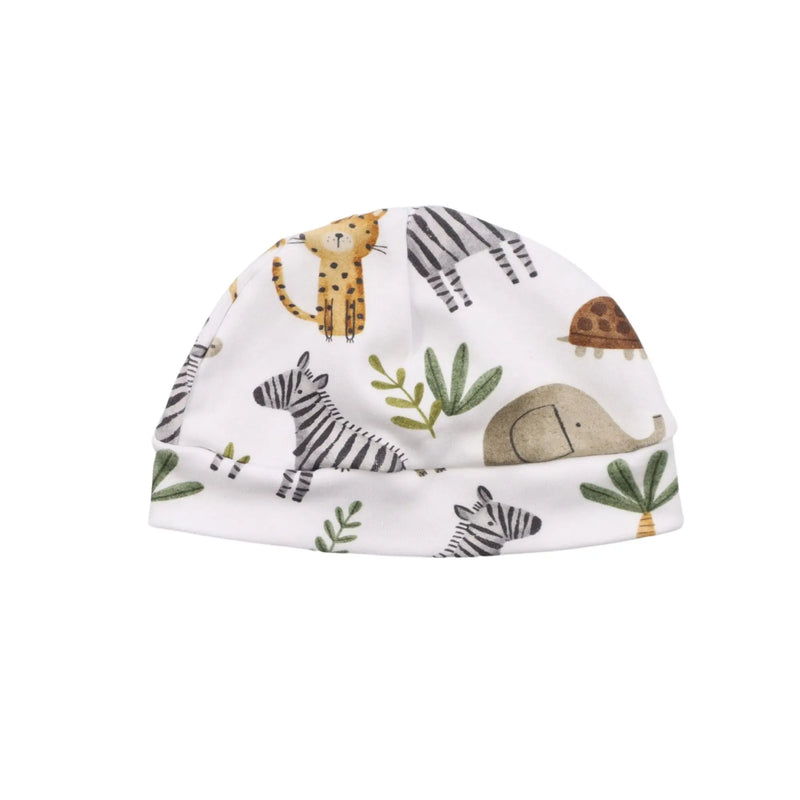 Classic Beanie - Zebra Party featuring zebras, cheetahs, elephants, and turtles in a safari print, made from soft cotton with a stretch cuff.