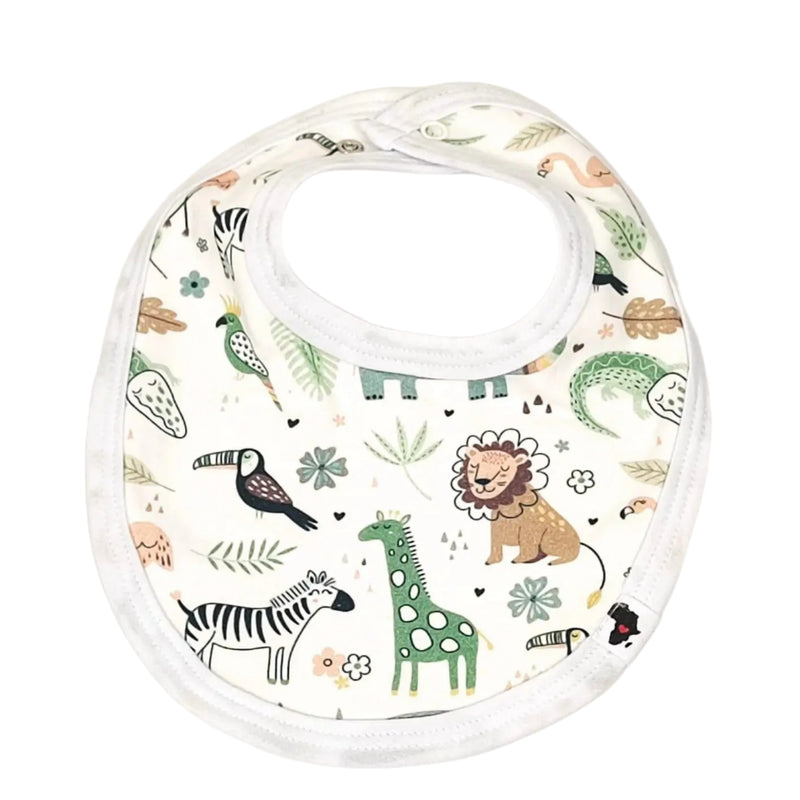 Classic Bib – African Plains with cotton safari print featuring lions, giraffes, zebras, and birds.