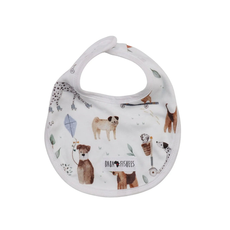 White classic bib - dogs playground with playful dog illustrations and adjustable snap closure