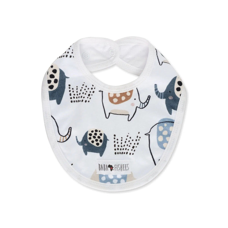 Classic baby bib featuring an Edward the Ellie print with playful elephants in blue, beige, and brown from BabaFishees.