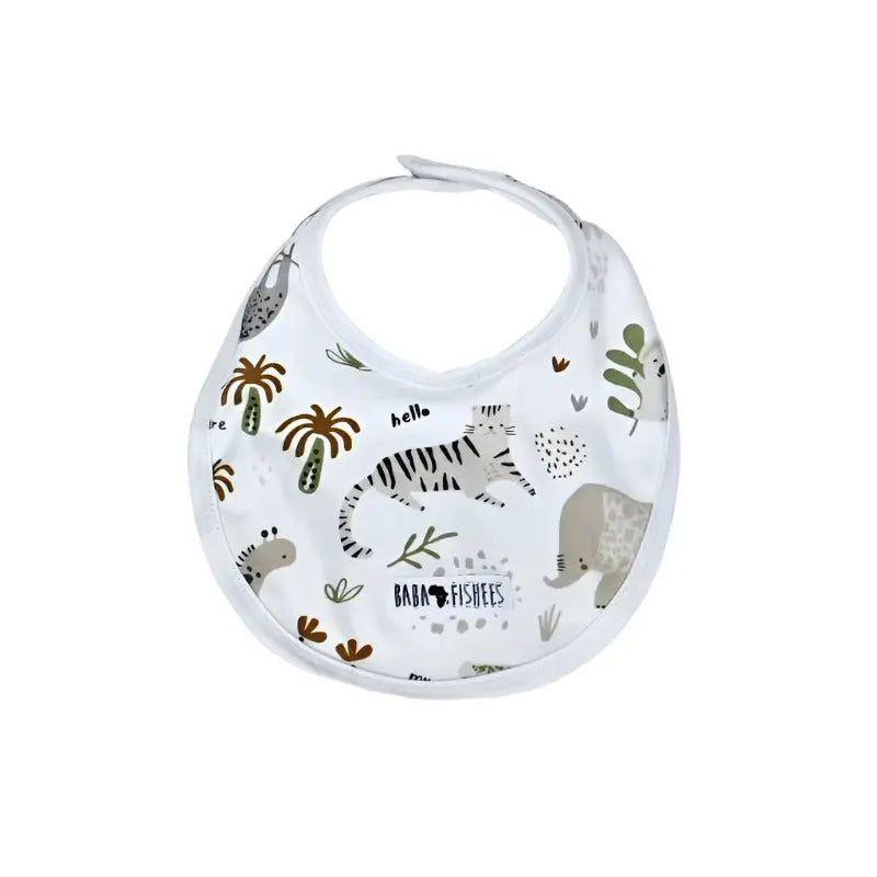Classic Bib – Hi There White with illustrated safari animals including zebra, elephant, and palm trees.