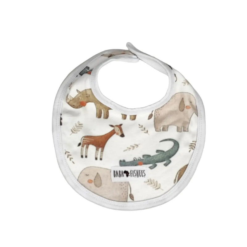 Classic Bib – Okapi with cotton safari animal print including okapi, elephants, rhinos, and crocodiles.