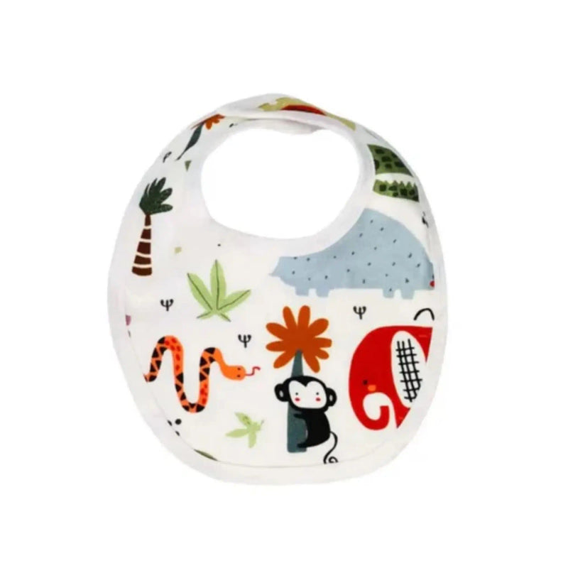 Classic Bib – Rust Ellie with colourful safari print featuring elephants, monkeys, snakes, and palm trees.