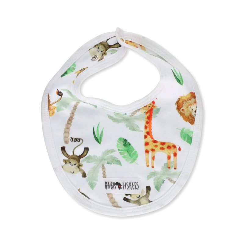 Classic baby bib featuring a Simba watercolour print with lions, giraffes, monkeys and jungle foliage from BabaFishees.