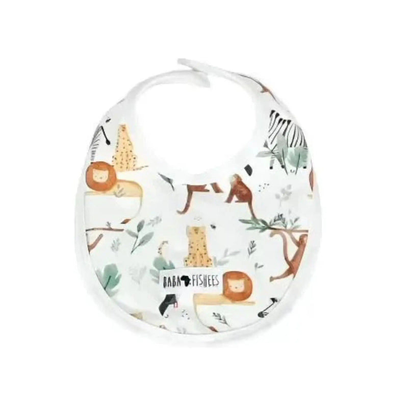 Classic baby bib featuring a watercolour jungle print with lions, monkeys, zebras, cheetahs, and toucans from BabaFishees.