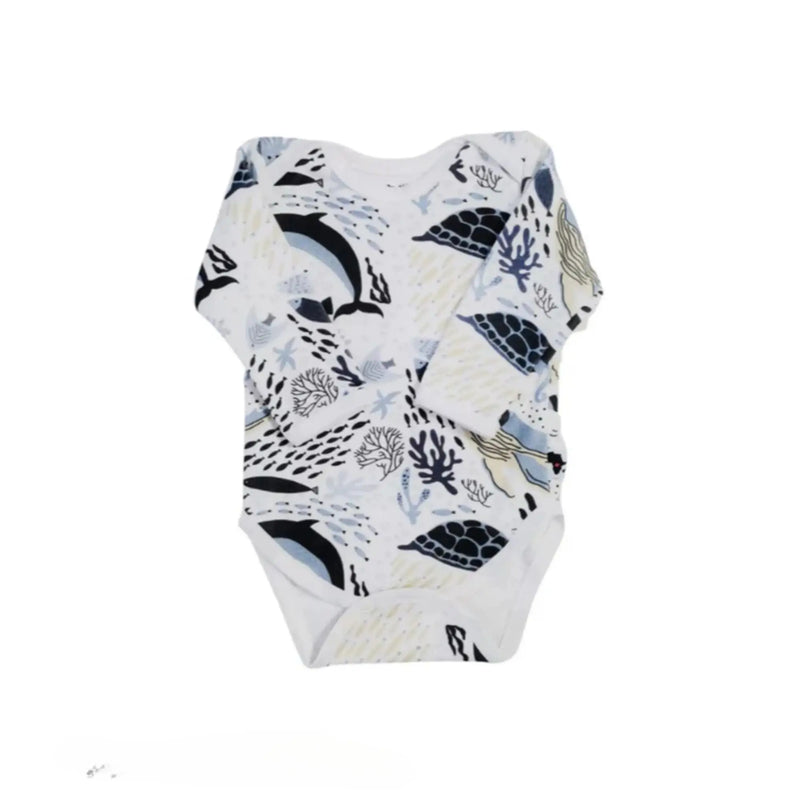 Classic long-sleeve onesie in African Sea World print with dolphins, sea turtles and coastal elements on white cotton.